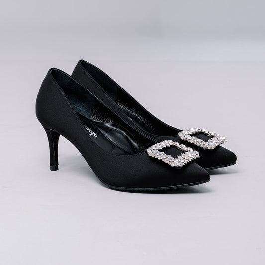 La Morongo Co. Classic Black Rhinestone Square Buckle High Heels
