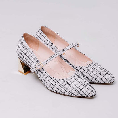 La Morongo Co. Chanel-inspired woven Mary Jane mid-heel shoes