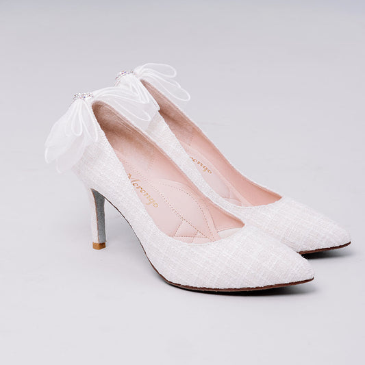 La Morongo Co. White Lace Bow Rhinestone High Heels