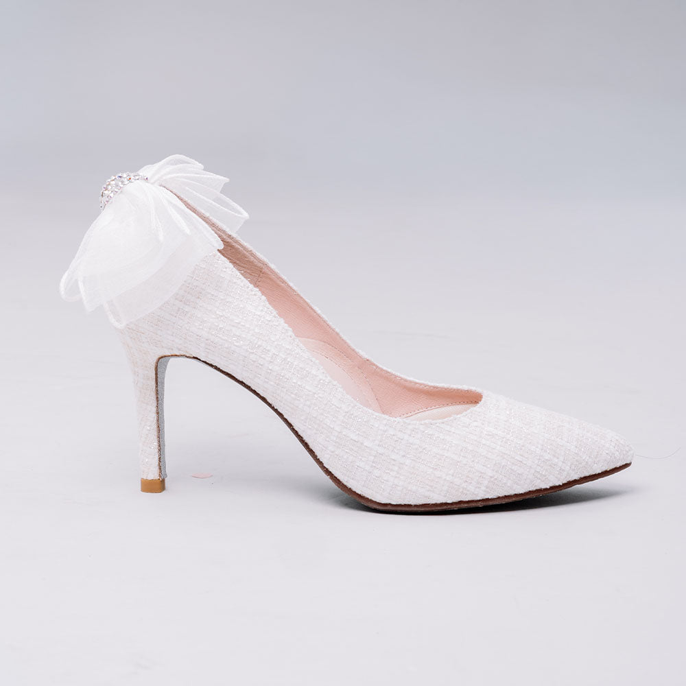 La Morongo Co. White Lace Bow Rhinestone High Heels