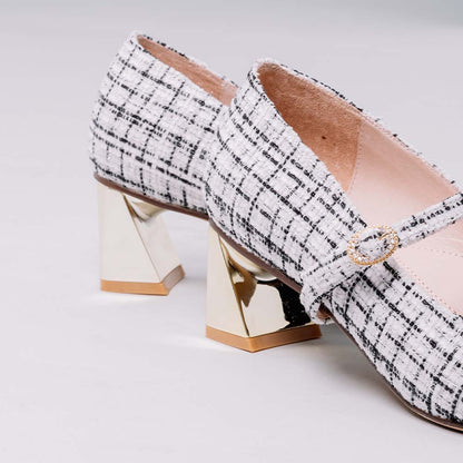 La Morongo Co. Chanel-inspired woven Mary Jane mid-heel shoes