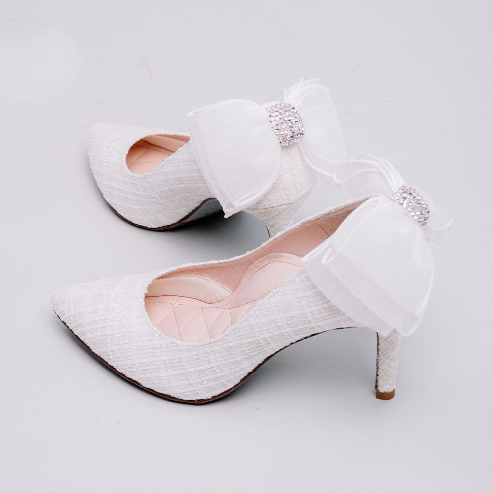 La Morongo Co. White Lace Bow Rhinestone High Heels