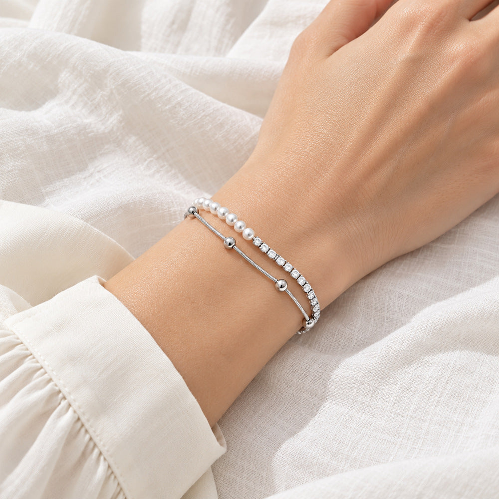 La Morongo Co. 1031 Korean Elegance 316L Stainless Steel Double-Chain Pearl & Bead Bracelet