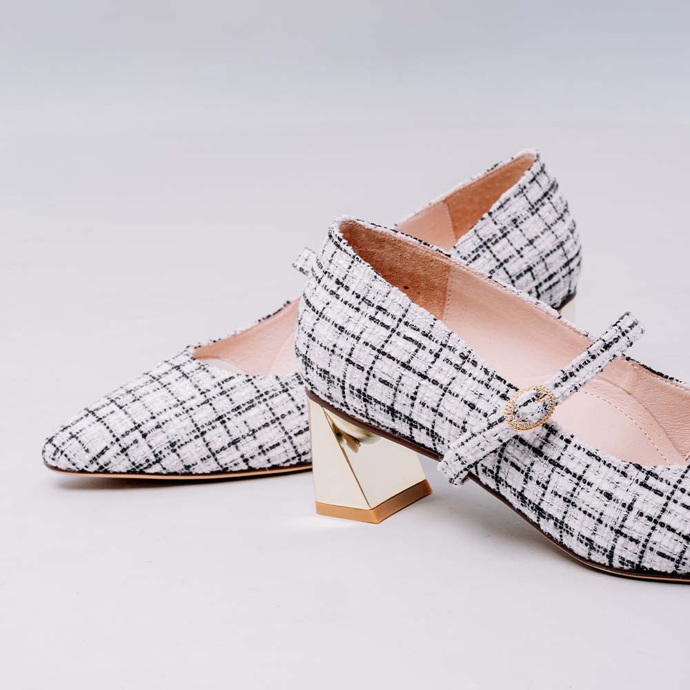 La Morongo Co. Chanel-inspired woven Mary Jane mid-heel shoes