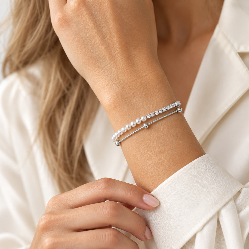 La Morongo Co. 1031 Korean Elegance 316L Stainless Steel Double-Chain Pearl & Bead Bracelet