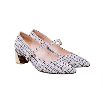 La Morongo Co. Chanel-inspired woven Mary Jane mid-heel shoes