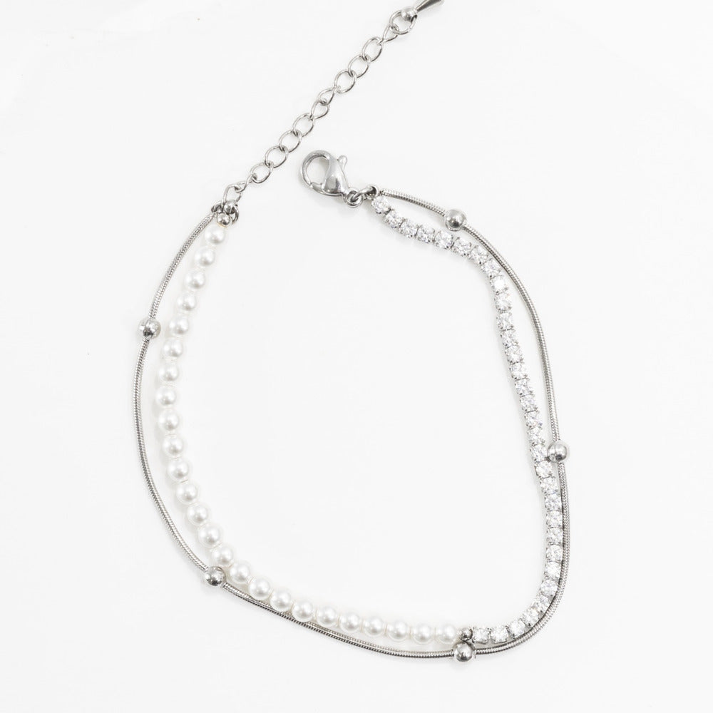La Morongo Co. 1031 Korean Elegance 316L Stainless Steel Double-Chain Pearl & Bead Bracelet