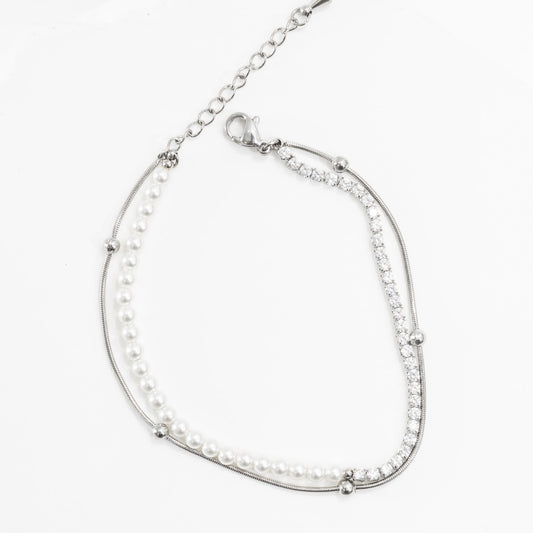 La Morongo Co. 1031 Korean Elegance 316L Stainless Steel Double-Chain Pearl & Bead Bracelet