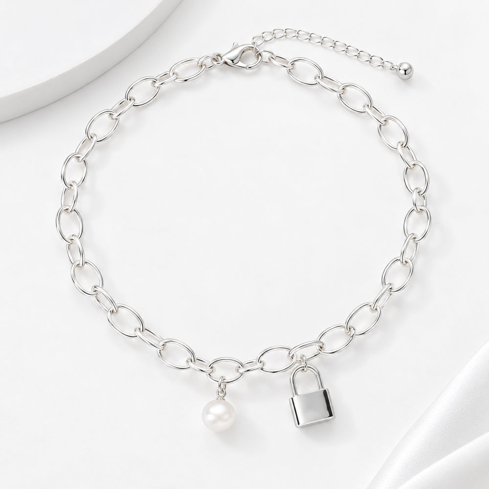 La Morongo Co. 0213 Korean Elegance Pearl & Lock Charm Bracelet – 316L Stainless Steel