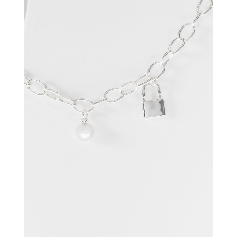 La Morongo Co. 0213 Korean Elegance Pearl & Lock Charm Bracelet – 316L Stainless Steel