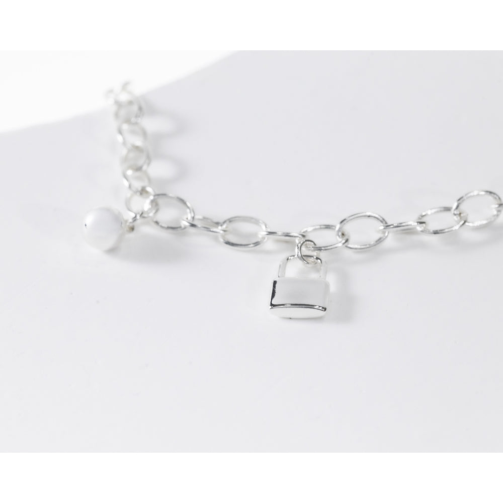 La Morongo Co. 0213 Korean Elegance Pearl & Lock Charm Bracelet – 316L Stainless Steel