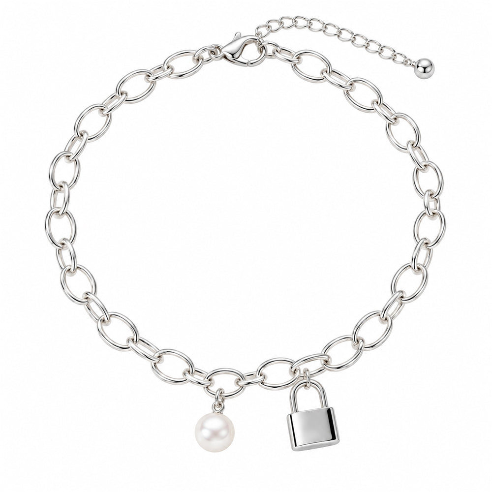 La Morongo Co. 0213 Korean Elegance Pearl & Lock Charm Bracelet – 316L Stainless Steel