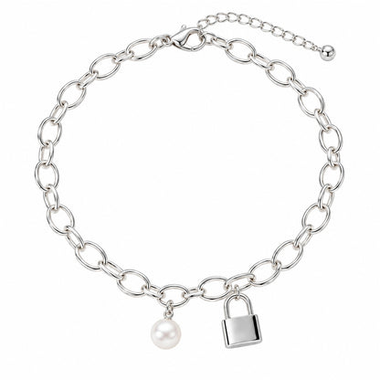 La Morongo Co. 0213 Korean Elegance Pearl & Lock Charm Bracelet – 316L Stainless Steel