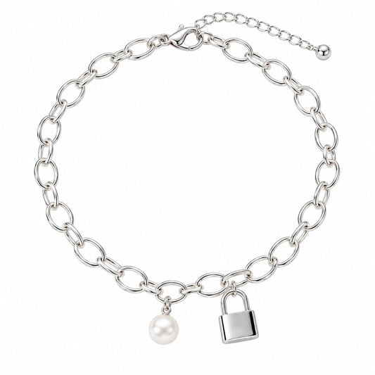La Morongo Co. 0213 Korean Elegance Pearl & Lock Charm Bracelet – 316L Stainless Steel